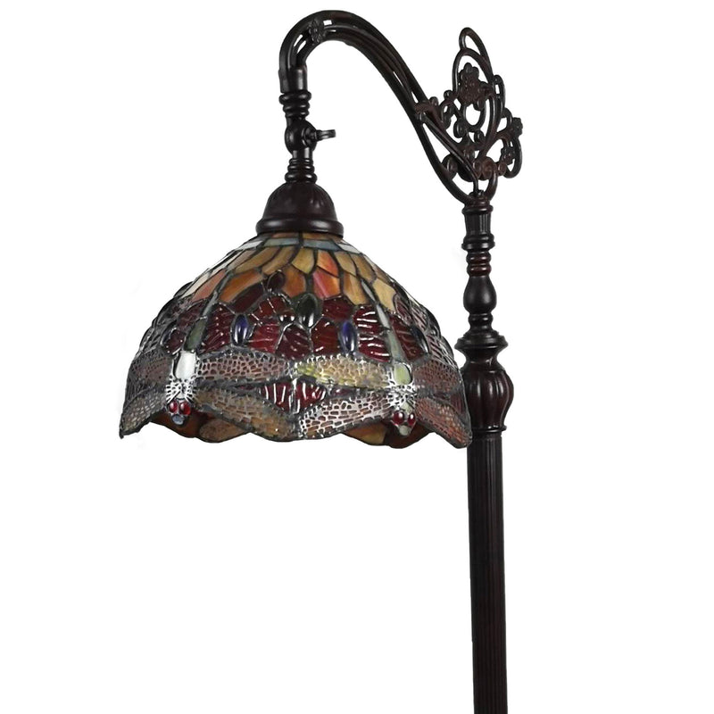 Traditional Shaped Floor Lamp With Red Yellow And Brown Stained Glass Dome Shade - Brown