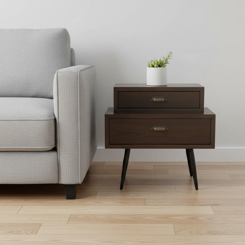 Pedestal End Table With Two Drawers - Brown