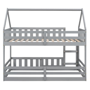 Twin over Twin House Bunk Bed with Fence and Door, Gray