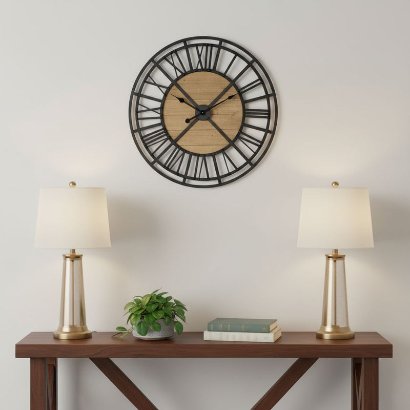 Analog Round Wall Clock (609404) - Black / Natural