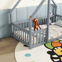 Load image into Gallery viewer, Wood House-Shaped Floor Bed With Fence, Guardrails
