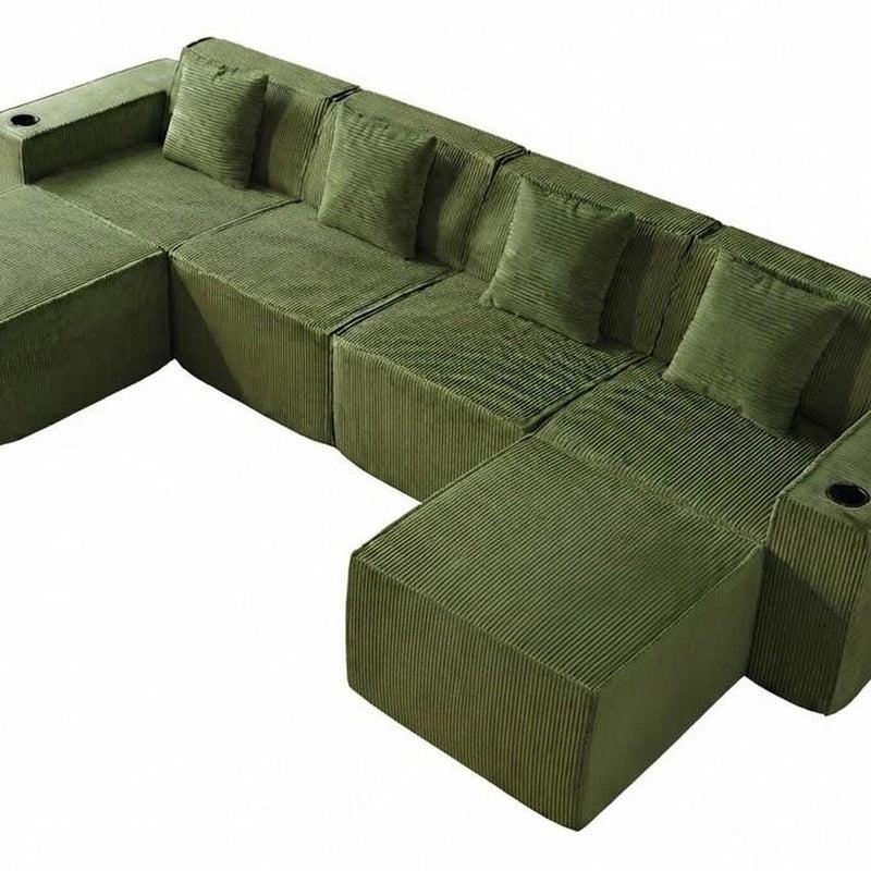 Corduroy Modular Sofa With Ottoman And Toss Pillows - Green