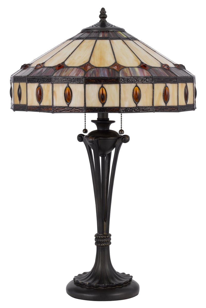 Metal Two Light Candlestick Table Lamp With Ivory And Red Dome Shade - Black