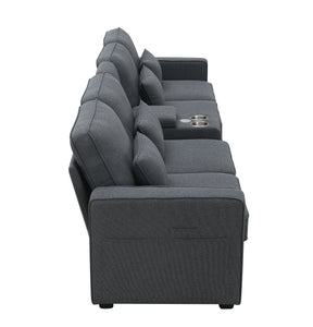 [VIDEO provided] [New] 114.2" Upholstered Sofa with Console, 2 Cupholders and 2 USB Ports Wired or Wirelessly Charged, Modern Linen Fabric Couches with 4 Pillows for Living Room, Apartment (4-Seat)