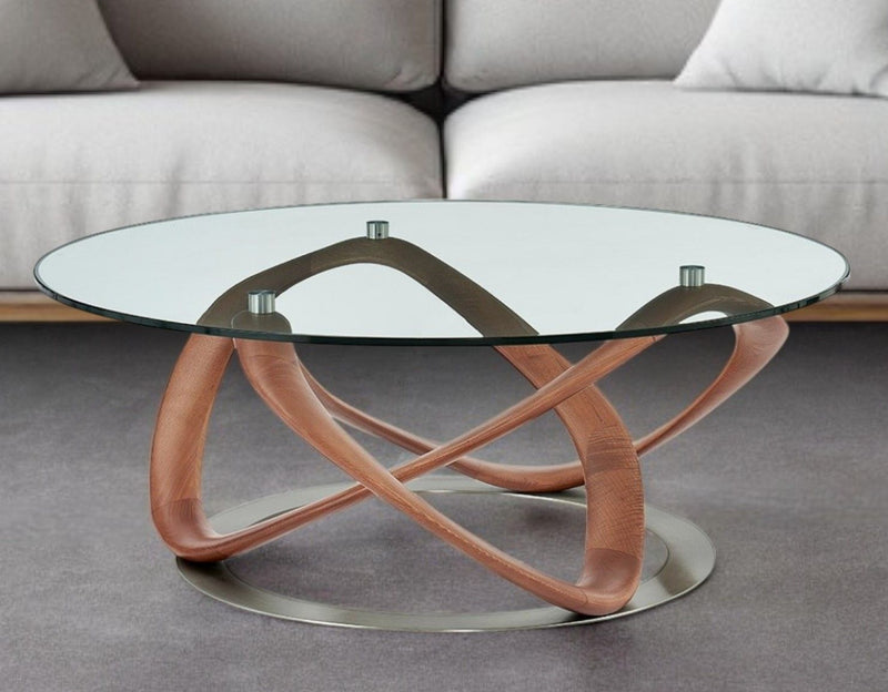 39" Glass And Solid Wood Round Coffee Table - Clear And Brown