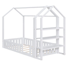 Load image into Gallery viewer, Twin Size Wood House Bed with Fence and Detachable Storage Shelves, White
