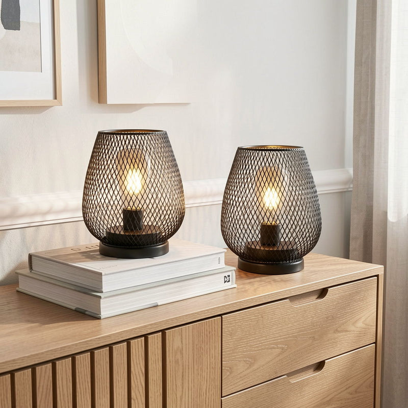 Pierced Geometric Cordless Lantern Lamps (Set of 2) - Antiqued Bronze