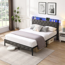 Load image into Gallery viewer, Queen Bed Frame with Storage Headboard, Charging Station and LED Lights, Upholstered Platform Bed with Heavy Metal Slats, No Box Spring Needed, Noise Free, Easy Assembly, Dark Gray
