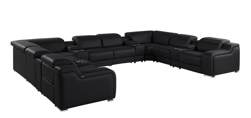 Italian Leather Power Reclining U Shaped Twelve Piece Corner Sectional With Console - Black