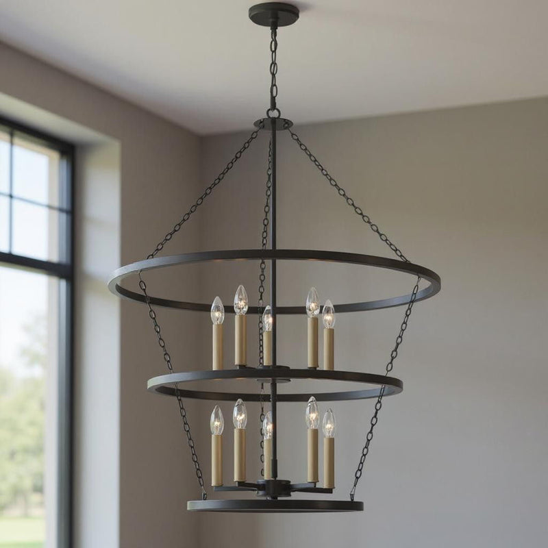 Candle Style Ten Light Metal Dimmable Chandelier - Black / Gold