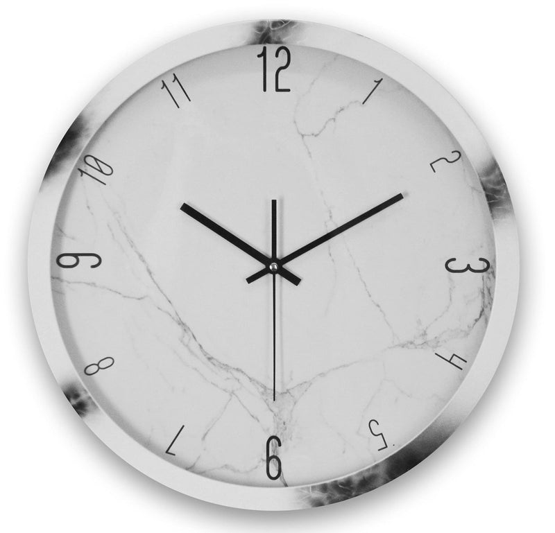 Heavy Duty Plastic Silent Analog Marble Round Wall Clock - White / White