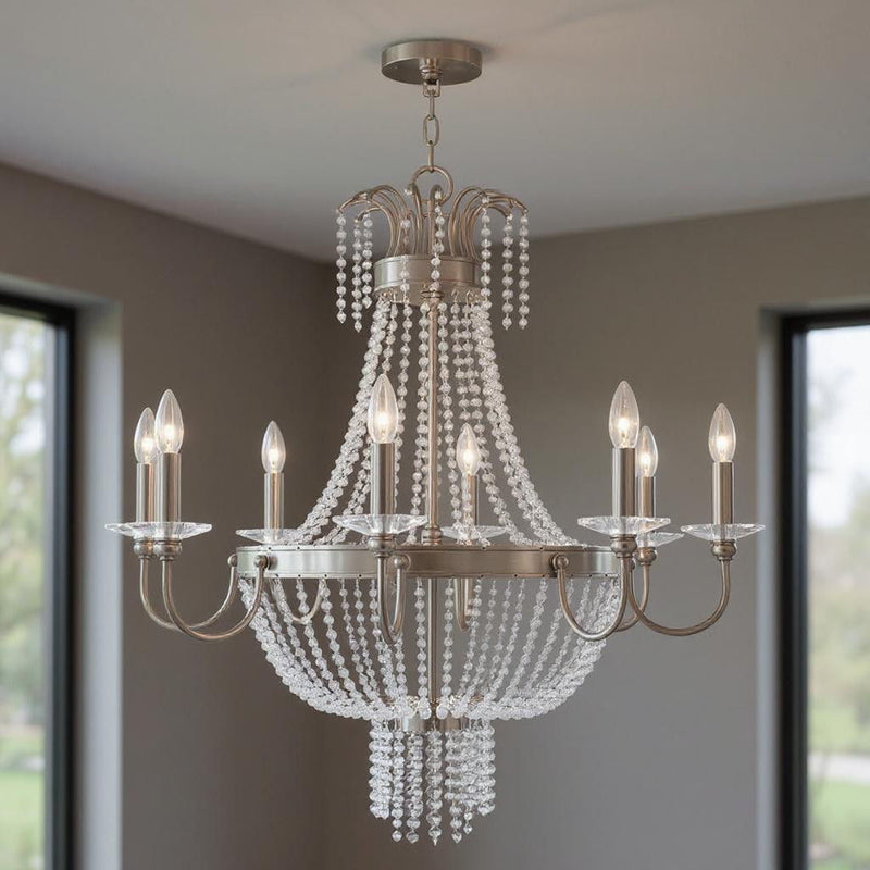 33" Eight Light Metal Dimmable Chandelier With Shades - Nickel / Clear