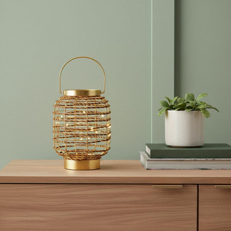 Distressed Geometric Lantern Desk Lamp With Novelty Shade - Gold