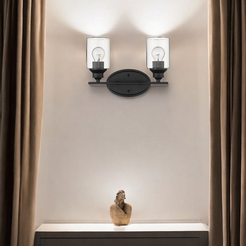 Two Light Wall Light With Clear Glass Shade - Matte Black