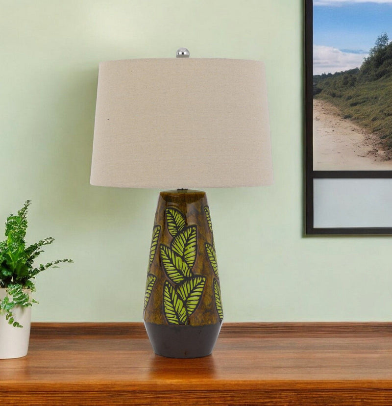 Ceramic Cylinder Table Lamp With Tan Empire Shade - Brown