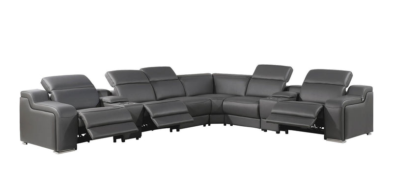 Italian Leather Power Reclining Curved Eight Piece Corner Sectional With Console - Gray