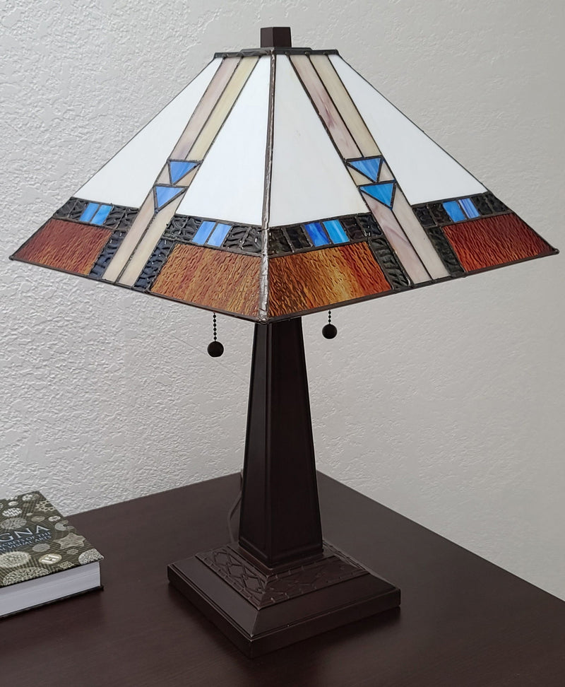 22" Metal Two Light Candlestick Table Lamp With Empire Shade - Dark Brown / Off-White / Blue