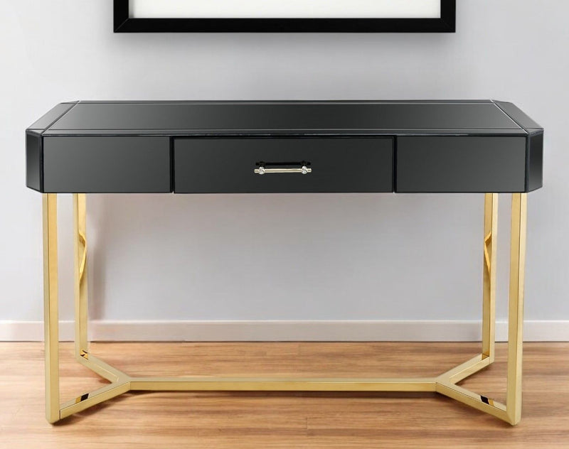 Mirrored Glass Frame Console Table And Drawers - Black And Gold