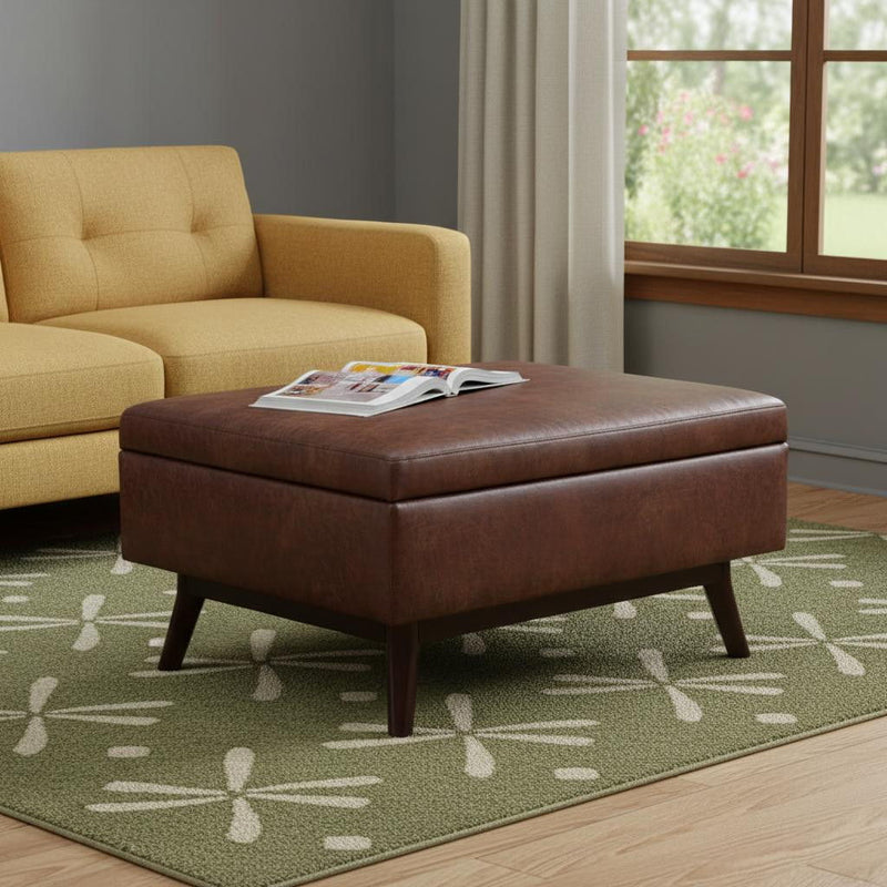 34" Leather Cocktail Ottoman With Storage - Brown