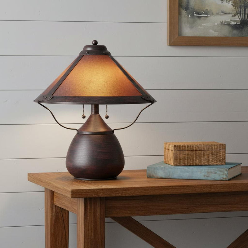 Metal Two Light Round Table Lamp With Amber Empire Shade - Rust
