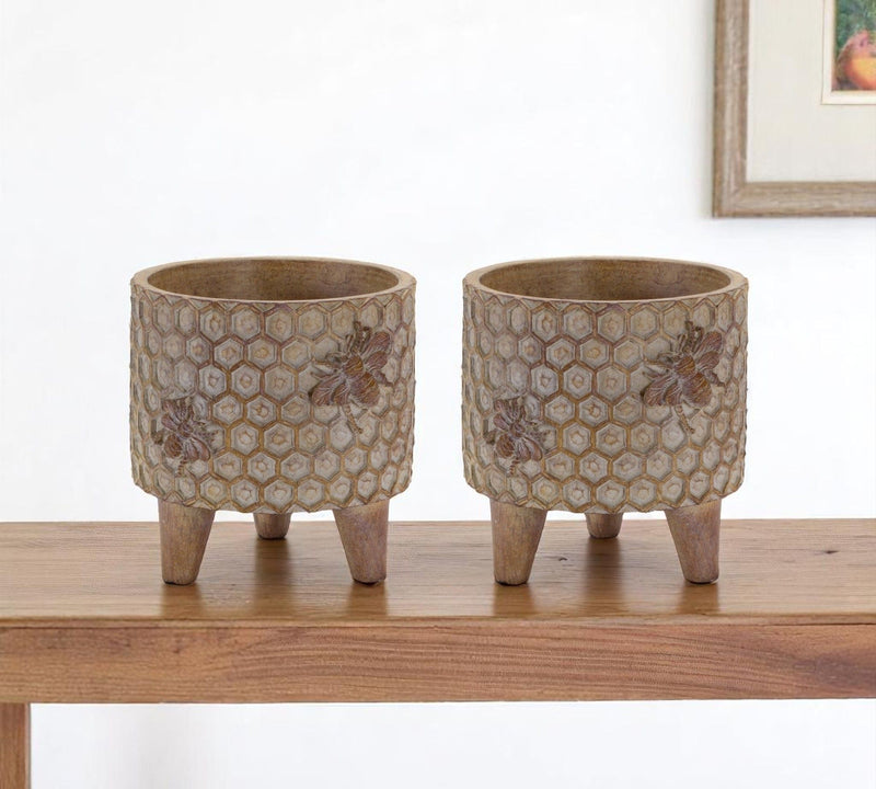 Poly Bumble Bee Pot Planters (Set of 2) - Brown