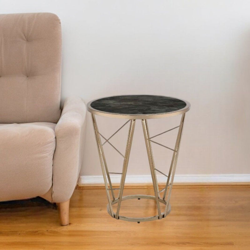 Faux Marble Glass And Metal Round End Table - Champagne And Black