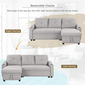 80.3" Orisfur. Pull Out Sofa Bed Modern Padded Upholstered Sofa Bed , Linen Fabric 3 Seater Couch with Storage Chaise and Cup Holder , Small Couch for Small Spaces