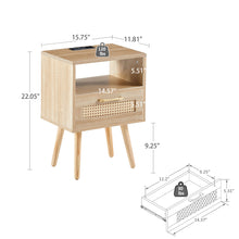Load image into Gallery viewer, 15.75" Rattan End Table With Power Outlet &amp; USB Ports, Modern Nightstand With Drawer And Solid Wood Legs, Side Table For Living Room, Bedroom
