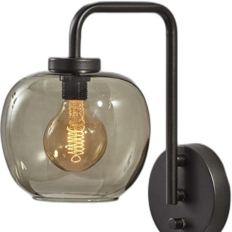 Smoked Glass Globe Shade With Vintage Edison Bulb And Metal Wall Lamp - Matte Black