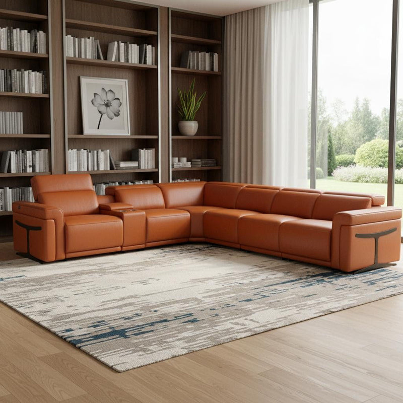 Italian Leather Modular L-Shaped Seven Piece Corner Sectional With Console - Camel