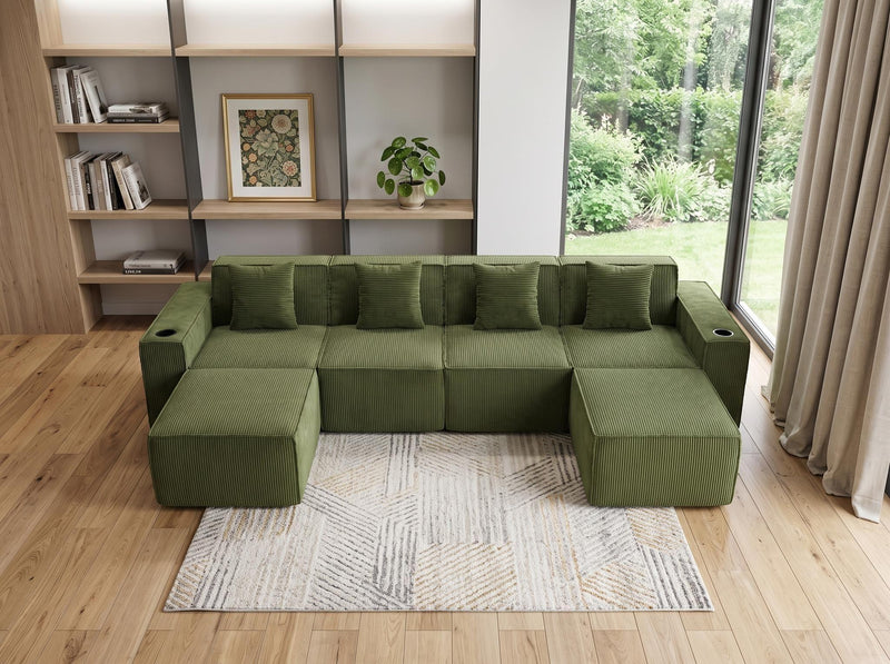 Corduroy Modular Sofa With Ottoman And Toss Pillows - Green