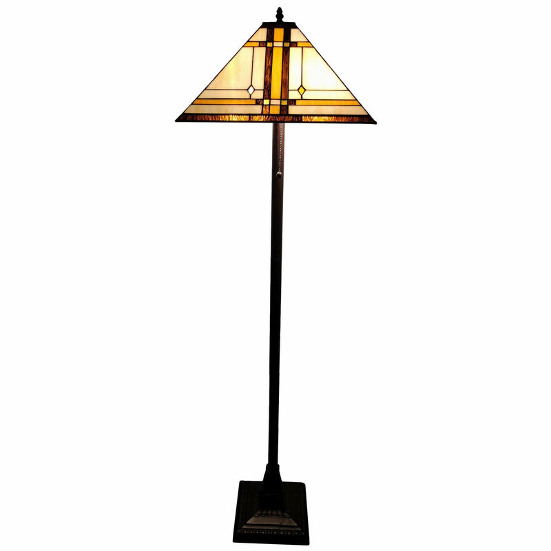 Two Lights Traditional Shaped Floor Lamp With Brown And White Stained Glass Cone Shade - Brown