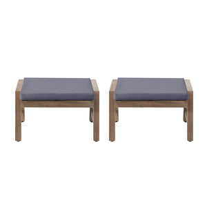 Acacia Wood Outdoor Ottomans With Cushion, (Set of 2)