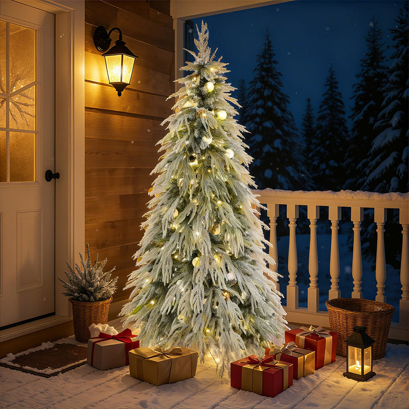 6Ft Pre Lit Spruce Snow Flocked Christmas Tree With LED Lights, Artificial Hinged Xmas Tree - White / Green