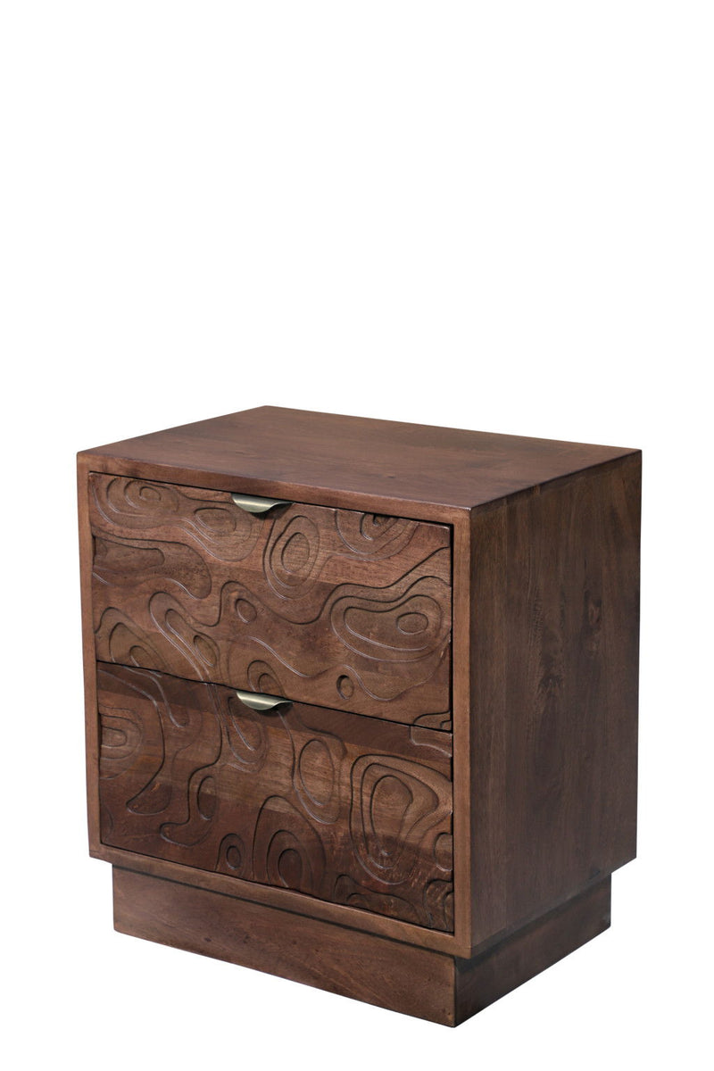 26" Solid Wood Carved Abstract Two Drawer Nightstand - Brown