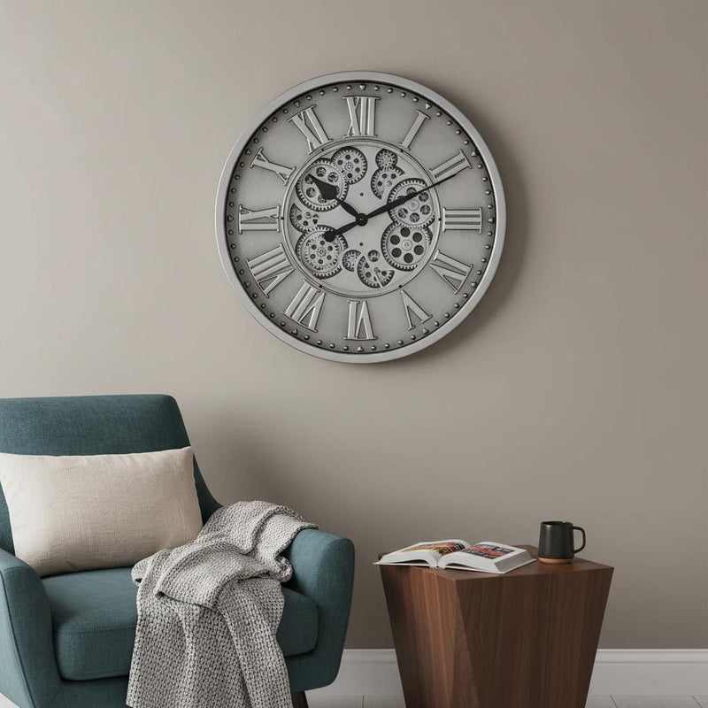 Silent Skeleton Exposed Gear Round Wall Clock - Silver / Black