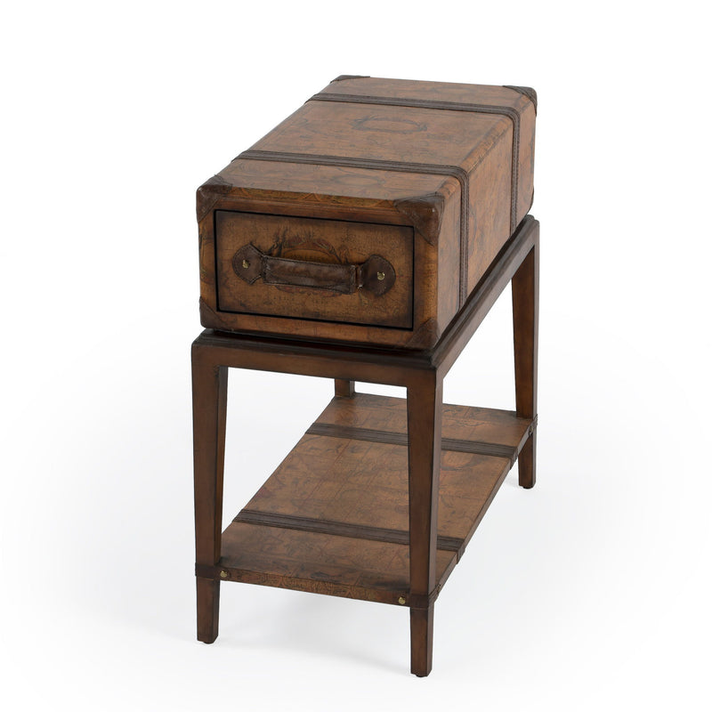 Old World Map End Table With Drawer And Shelf - Brown