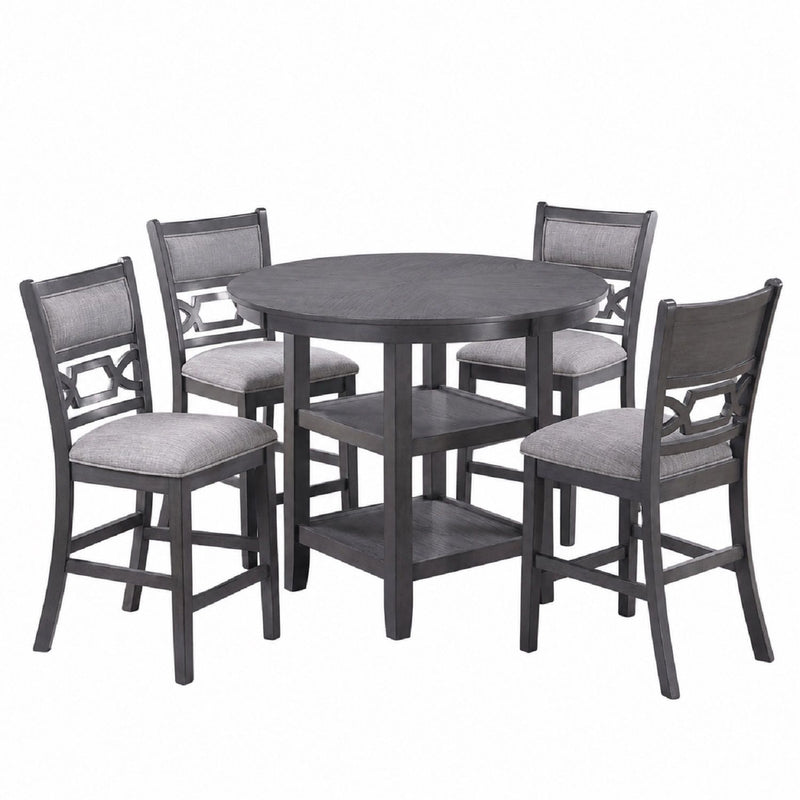 5 Piece Counter Height Dining Set With Storage Shelves Round Table And Upholstered High Chairs - Gray