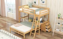 Load image into Gallery viewer, Twin over Full Bunk Bed with Built-in Desk and Three Drawers, Natural
