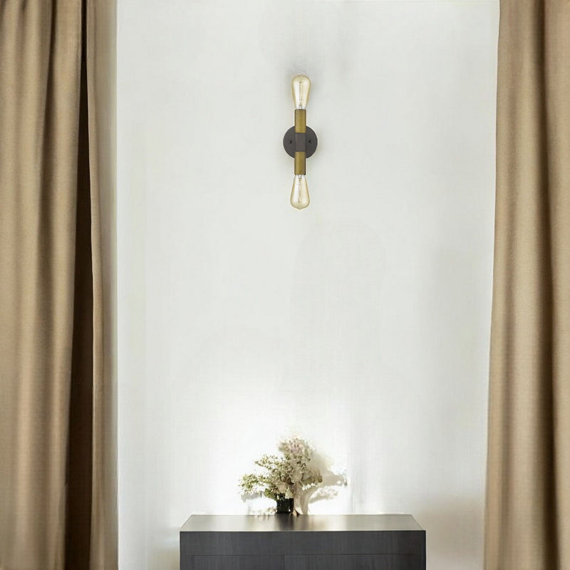 Two Light And Wood Wall Sconce - Brass