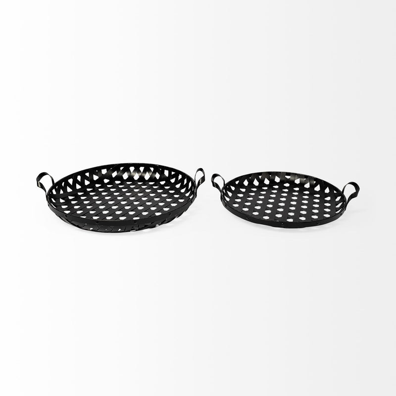 Round Metal Indoor Outdoor Tray With Handles (Set of 2) - Black