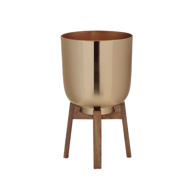 Metal And Wood 65" Ounce Round Elevated Planters (Set of 2) - Gold And Natural