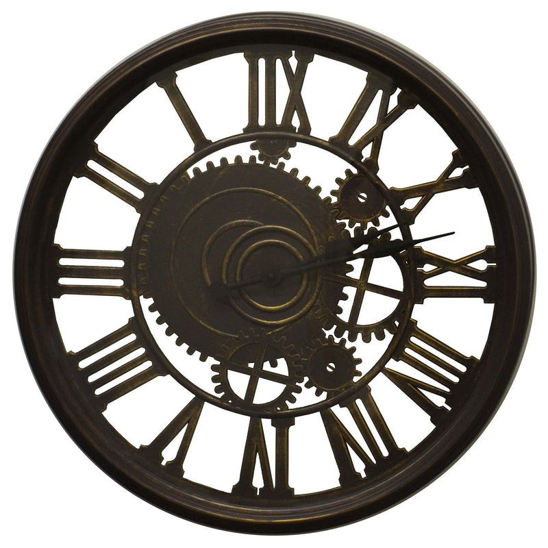 Heavy Duty Plastic Silent Skeleton Exposed Gear Round Wall Clock - Antiqued Gold / Brown