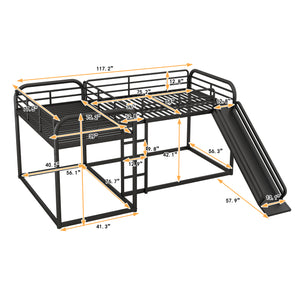 Full and Twin Size L-Shaped Bunk Bed with Slide and Short Ladder, Black