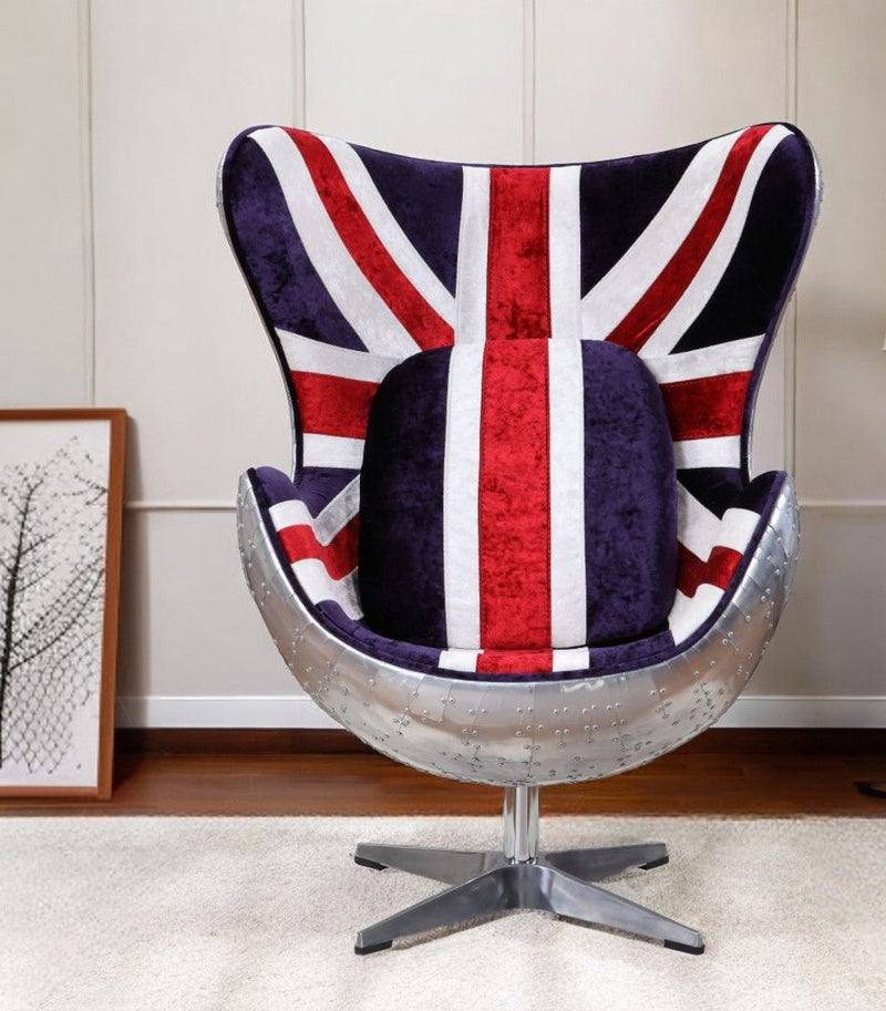 White And Blue And Silver Fabric Great Britain Flag Swivel Balloon Chair - Red