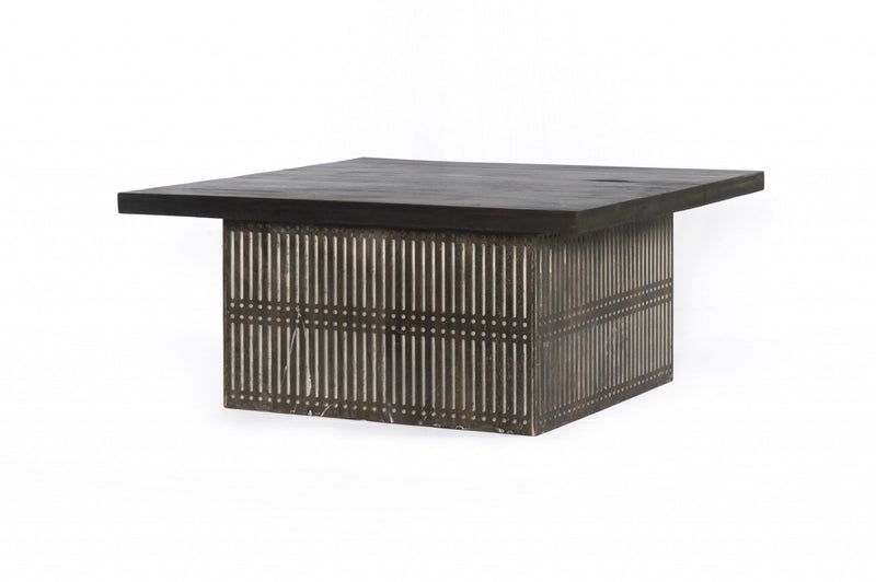 Carved Wood Storage Coffee Table - Rustic Brown