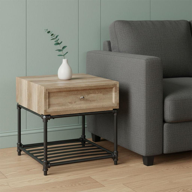 Manufactured Wood And Metal Square End Table With Drawer And Shelf - Sandy Black And Oak