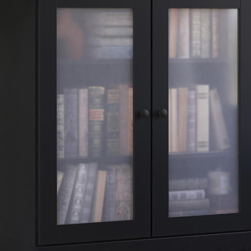 Solid Wood Adjustable Three Tier Library Bookcase With Two Doors - Black