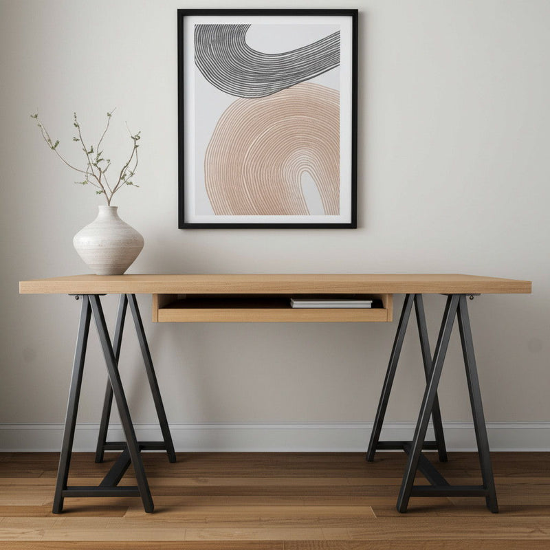 60" Solid Wood And Metal Trestle Executive Desk - Black And Natural