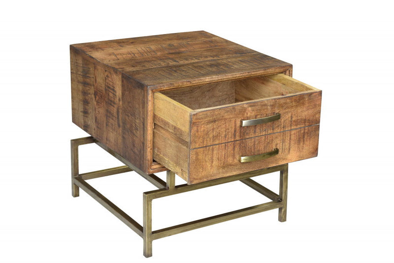 Solid Wood And Iron Square End Table With Drawer - Brass And Brown